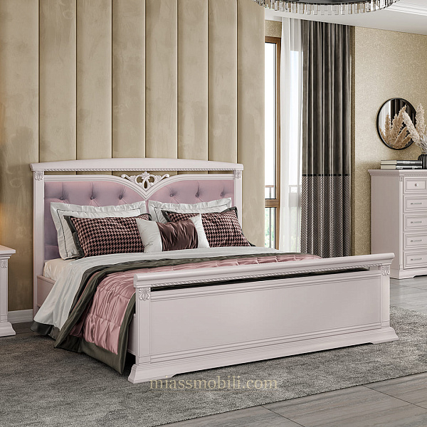 Кровать двойная Lorenzo пудра с мягкой головной и ножной спинкой